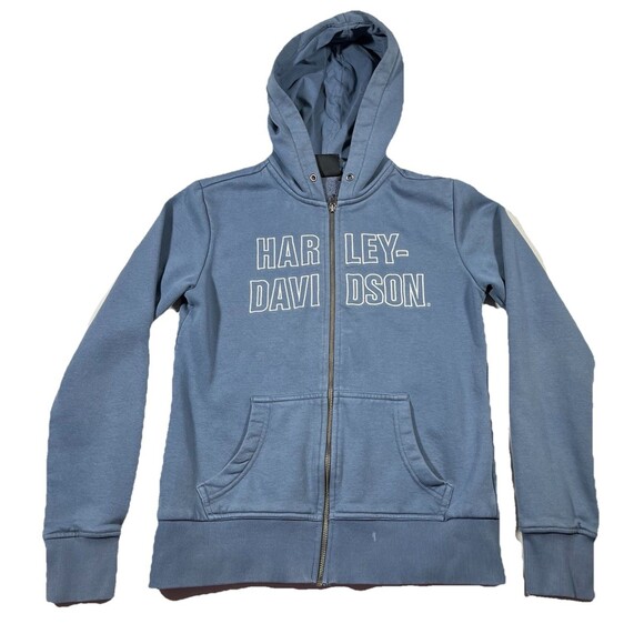 Harley-Davidson Jackets & Blazers - Harley Davidson Hoodie Womens Small Blue Full Zip Spell Out Sweatshirt Y2K